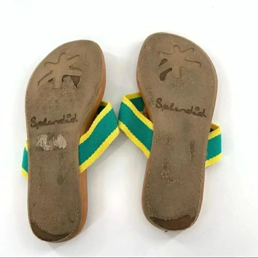 Splendid womens sandals sz 8 green yellow canvas retro beach preppy flip flops